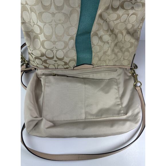 COACH Convertible Hobo Shoulder Bag Crossbody Tan Green Stripe Purse F29941 - Picture 3 of 16